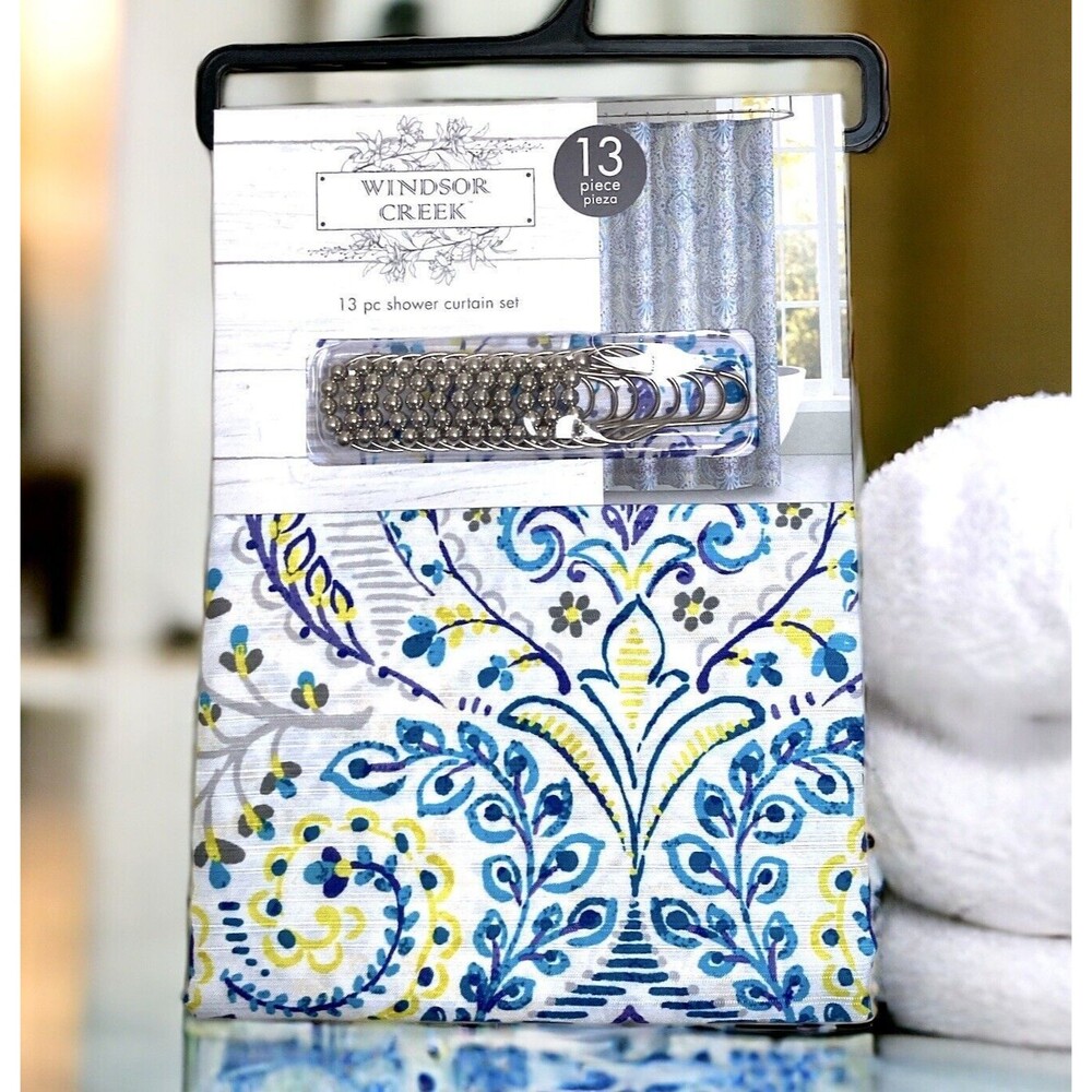 New Windsor Creek Shower Curtain Blue Teal Yellow Purple Floral with Hooks NEW